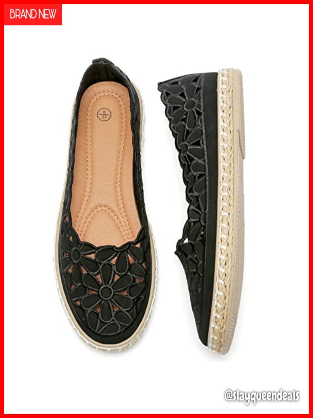 PU Leather Ballet Flats Espadrille Loafers Daisy Cut-Out Slip-On Walking Shoes